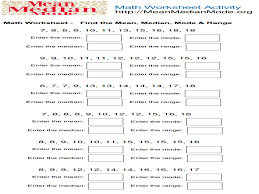 A worksheet with questions on finding the mean, median, mode and range of small sets of data. Find The Mean Median Mode And Range Worksheet For 5th 6th Grade Lesson Planet