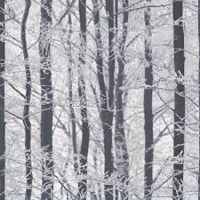 A small black and white 'atl' fabric art piece hangs over a rustic bench placed on a gray runner beside a potted olive tree and between windows framed by wainscot trim. Woodland Wallpaper Trees Winter Forest Glitter Sparkle White Grey Black Silver Ebay