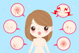 Read about symptoms of breast cancer. Woman With Breast Cancer Symptom On The Blue Background