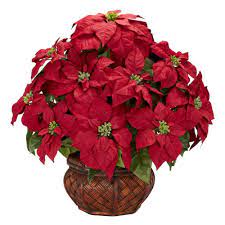 Nearly Natural 22in H Red Poinsettia With Decorative Planter Silk Arrangement 1265 The Home Depot Artificial Flowers Artificial Flower Arrangements Planter Arrangements