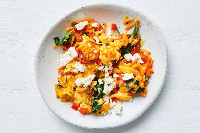 Healthy veg and feta scrambled eggs
