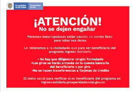 Recuerda que para obtener el subsidio debes verificar en la página ingresosolidario.prosperidadsocial.gov.co (departamento de la prosperidad social) si eres beneficiario; Prosperidad Social On Twitter Atencion Personas Inescrupulosas Estan Usando Un Correo Falso Para Robar Sus Datos Reiteramos A La Ciudadania Que El Unico Canal Para Verificar Si Es Beneficiario Del Programa