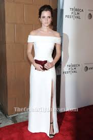 She wore pretty, neutral makeup and styled her hair in a sleek chignon for the night. Emma Watson White Off Shoulder Evening Dress The Circle Tribeca Film Festival Screening Thecelebritydresses