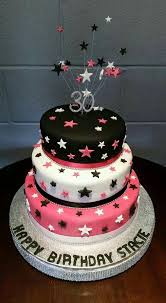 30th Birthday Cake For Her Ideas 3 Tier Black White And Pink Stars 30th Birthday Cake 70th Birthday Cake 30th Birthday Cake For Her 30 Birthday Cake