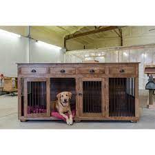 Double Doggie Credenza With Drawers Pet Crate In 2021 Dog Kennel Furniture Double Dog Crate Wooden Dog Kennels