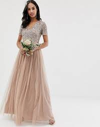 Maya Bridesmaid V Neck Maxi Tulle Dress With Tonal Delicate Sequins In Taupe Blush Brown Lace Bridesmaid Dresses Sequin Bridesmaid Dresses Long Bridesmaid Dresses