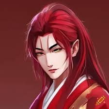 A scarlet long starlight hair,red eyeline,eyeshadow, well-groomed  face,detailed face,handsome men,japanese clothes,animated illustration