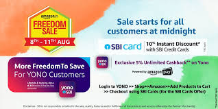 And (ii) thereafter is redirected to the amazon.in website/ mobile application; State Bank Of India On Twitter The Freedom To Save Is Upon Us Fulfill Your Wishlist At The Amazon Freedom Sale And Get Additional Discount With Your Sbi Credit Card To Learn