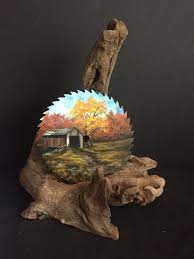 Vintage Folk Art Driftwood Painted Saw Blade Covered Bridge In Autumn Saw Blade Tattoo Studio Interior Art