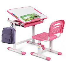 Gymax Height Adjustable Children S Desk Chair Set Multifunctional Study Drawing Pink Walmart Com In 2020 Desk And Chair Set Childrens Desk And Chair Childrens Desk