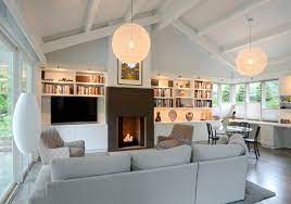 20 Beautiful Living Room Layout With Two Focal Points Home Design Lover In 2021 Slanted Ceiling Living Room Living Room Ceiling Vaulted Ceiling Living Room