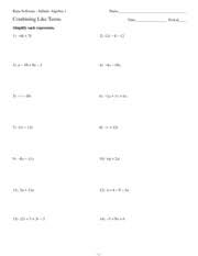 Live worksheets > english > math > equations > solving equations by combining like terms practice 2 solving equations by combining like terms practice 2 id: Combining Like Terms Kuta Software Infinite Algebra 1 Name Combining Like Terms Date Period Simplify Each Expression 1 6k 7k 2 12r 8 12 3 N 10 9n 3 4 Course Hero