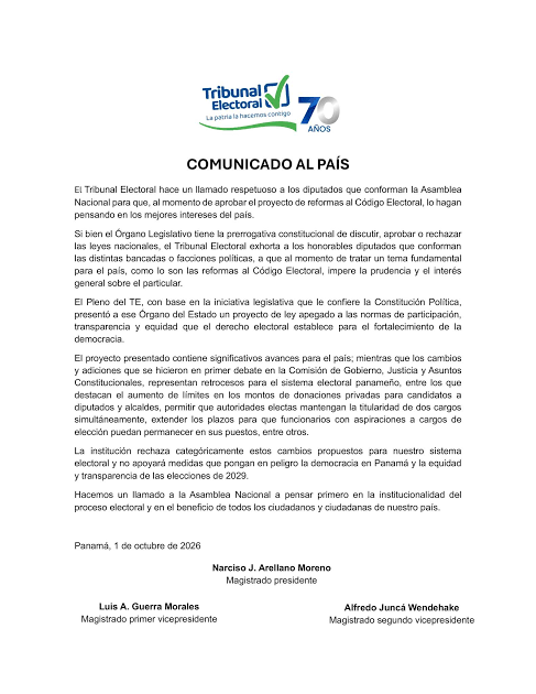 Tribunal Electoral rechaza cambios al Código Electoral y advierte sobre posibles retrocesos para las elecciones de 2029