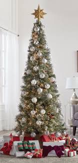 Flocked Slim Christmas Tree With Presents Underneath Perfect For My Small Living Christmas Decorations For The Home Slim Christmas Tree Christmas Decor Trends