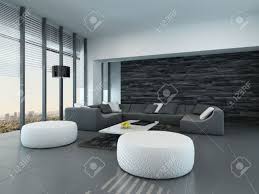 Profitez de prix ikea toute l'année ✅ faites vous facilement livrer à domicile. Perspective Inclinee D Un Gris Et Blanc Salon Moderne Interieur Avec Des Poufs Et Un Grand Canape En Face Des Fenetres Du Sol Au Plafond De Verre Laissant Entrer Beaucoup De Lumiere Banque