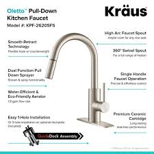 The faucet comes with a moen limited lifetime warranty, but it needs 6 aa batteries. Kraus Oletto Single Handle Pull Down Kitchen Faucet With Dual Function Sprayer In All Brite Spot Free Stainless Steel Kpf 2620sfs The Home Depot