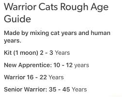 Check out our newborn kitten progression chart. Warrior Cats Rough Age Guide Made By Mixing Cat Years And Human Years Kit 1 Moon 2 3 Years New Apprentice 1o 12 Years Warrior 16 22 Years Senior Warrior 35 45 Years Ifunny