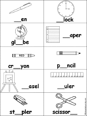 Look at the picture and shout the name to find out the missing letter in the spell of the object. Fill In Missing Letters In School Words Spelling Worksheets Letter School School Worksheets