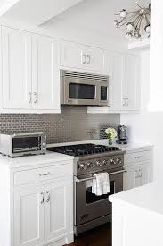 Kitchen With Gray Mini Brick Tile Backsplash Transitional Kitchen Small White Kitchens White Kitchen Remodeling White Kitchen Design