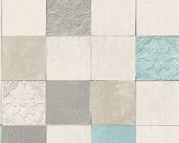 Vinyltapeten, papiertapeten, vliestapeten, borten & bordüren die direkte umgebung der dusche und der badewanne sollten sie mit fliesen verkleiden, die auch einen. Livingwalls Tapete Fliesen Blau Creme Grau Turkis 374061