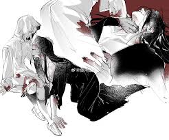 shiyong feiliao, heroine (homicipher), mr. crawling, homicipher, absurdres,  highres, 1boy, 1girl, black hair, blood, blood on clothes, cloak, hood,  hooded jacket, jacket, shirt, white cloak, white hair, white shirt - Image  View - |