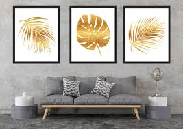 Gold Tropical Leaves Gold Foil Palm Leaves Gold Prints Palm Leaves Prints Living Room Wa Gold Living Room Walls Wall Art Living Room Wall Decor Living Room