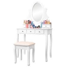 Dark vanity base with unique marking gives support to a white stone slab top with gray streaks. Makeup Bedroom Vanity Table Set With Oval Mirror And Cushioned Stool Bedroom Dressing Table Desk With 5 Storage Drawers White Walmart Canada
