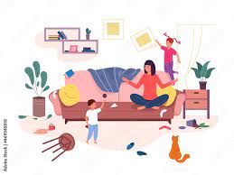 Mom family chaos. Calm mother and naughty children home room, equanimity  parent in household, parenting stress, children run and jump indoor mess  Stock Vector | Adobe Stock