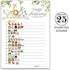 Check spelling or type a new query. Amazon Com Emoji Baby Shower Game Pack Of 25 Safari Animals Emoji Pictionary Children S Book Baby Shower Games Rustic Forest Jungle Animals Theme Emoji Games Country Gender Neutral Couples Shower G550 Emj
