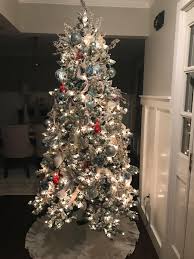 Silver Gold White And Blue Flocked Christmas Tree With A Splash Of Red So Happy With How It Turned Out White Christmas Decor Xmas Tree Decor Christmas