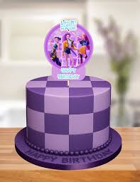 Purple and lavender checkered fondant cake with a Kpop group printout topper and beaded border