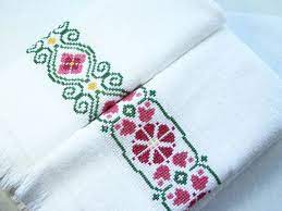 Velour Bathroom Towel Set Cross Stitch Towel Embroidered Towel Cottage Style Pink Floral Border Embroidered Towels Cross Stitch Towels Cross Stitch