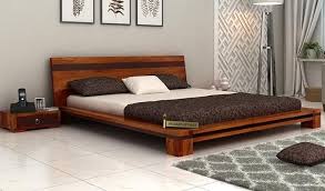 Melisandre Low Floor Double Bed Queen Size Honey Finish 1 Wooden King Size Bed Bed Design Modern Bed Without Storage