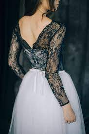 Wedding Dress Spring Night Navy Blue Lace And White Soft Tulle Long Sleeves Non Traditional Col Ballkleid Hochzeitskleid Hochzeitskleid Ballkleid Brautmode