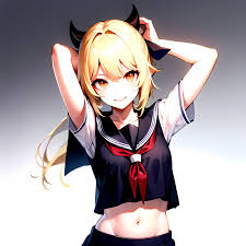 1girl Arms Up Arms Behind Head Blonde Hair Blue Skirt Bow Crop Top Crop Top  Overhang Genshin Impact Gradient Background, 1472432727 - AI Hentai