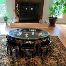 Carved asian table wood flowers/birds 19 tall marble top. Vintage Oriental Asian Mother Of Pearl Coffee Table With Six Stools Ebay