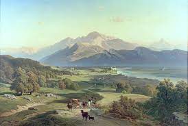 Drover On Horseback With His Cattle In A Mountainous Landscape With Schloss Anif Salzburg And Beyond Painting By Josef Mayburger