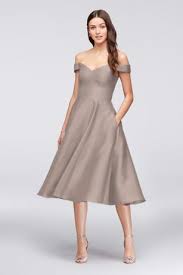 Off The Shoulder Tea Length Bridesmaid Dress Davids Bridal Bridesmaid Dresses Wine Bridesmaid Dresses