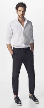 Black And White Button Up Shirt Simple Monochrome Look With A White Button Up Shirt With Rolled Up Sleeves Black Jogger Pants Strange Imho No S Black Jogger Pants Black Joggers Mens Joggers