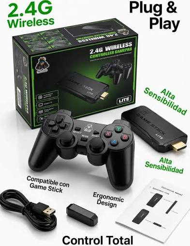 🎮 GAME BOX STICK 2.4G WIRELESS 🎮 ✨ Características: • 🎮 2 controles inalámbricos • 📺 Compatible con TV • 🔌 Sistema Plug & Play • ⚡ Conexión inalámbrica 2.4G • 🕹️