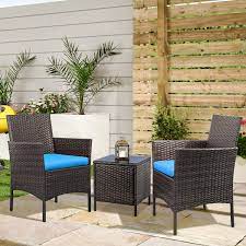 Walnew 3 Pcs Outdoor Patio Furniture Pe Rattan Wicker Table And Chairs Set Bar Set With Cushioned Tempered Glass Brown Blue Walmart Com Porch Furniture Sets Outdoor Patio Furniture Backyard Furniture