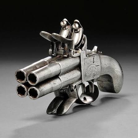 Four-barreled Indo-Persian flintlock pistol with gold damascening