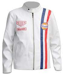 Men S Steve Mcqueen Le Mans Gulf Racing White Leather Jacket In 2021 Leather Jacket Men White Leather Jacket Celebrities Leather Jacket