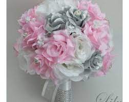 Pink and silver wedding bouquets. Wedding Bouquet Bridal Bouquet Bridesmaid Bouquet Silk Flower Bouquet Wedding Flowers Coral Silver 17 Piece Package Lily Of Angeles Silk Flowers Wedding Bridal Bouquet Sets Wedding Bridal Bouquets