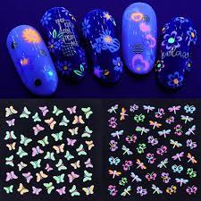 It adsorbs light and glows in the darkness.ideal for applying on doors,lamps,household articles,bedroom ceilings and any smooth, clean surface. 24pcs Pack 3d Luminous Fluorescent Butterfly Nail Stickers Flower Starry Nail Decals Glow In The Dark Fashion Nail Art Decoration Wish