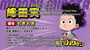 Mineta's quirk is neither for offensive nor for rescuing purposes (although there may be few rare bnha is full of characters in the yet to be more developed. Mineta Minoru Text Information Character Data Facts My Hero Academia My Hero Academia Memes Hero Academia Characters Hero