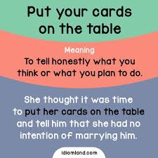 Idiom Of The Day Put Your Cards On The Table Meaning To Tell Honestly What You Think Or What You Plan English Idioms Learn English Learn English Vocabulary