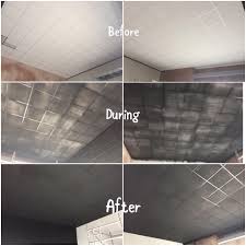 For a brighter space, consider replacing a couple strategically selected ceiling panels with ceiling light panels. Opdecs Professional Decor Services Before During And After Pics Of A Suspended Ceiling I Spray Painted Facebook