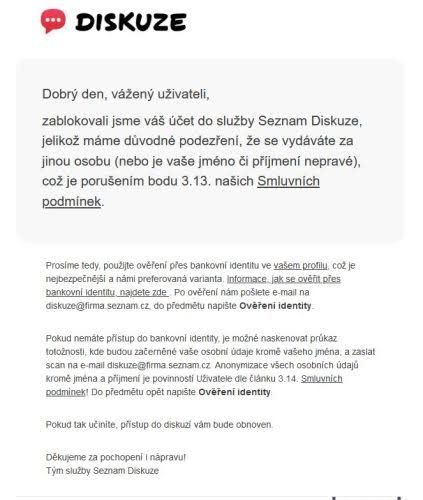 Email od seznamu - zablokovaný učet do diskuse