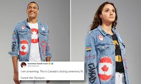 In 2021, does canada deserve better than uniforms that look like they were vandalized by angry teens with sharpies? Team Canada Trolled On Twitter For 80s Style Denim Tokyo Olympic Games Uniforms Daily Mail Online